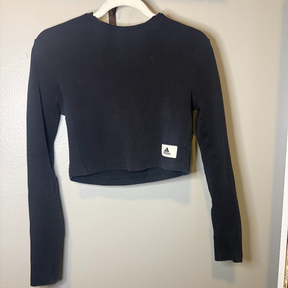 Adidas Cropped Lon-Sleeve Tee - Ribbed Cotton (Black)